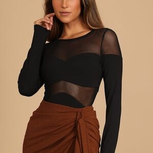 Lulus Mesh Appeal Black Long Sleeve Bodysuit - Size S